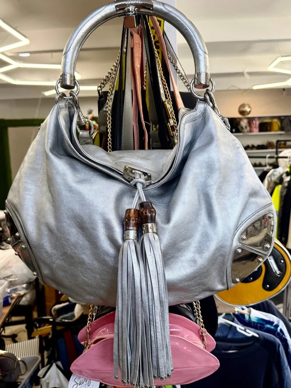 LARGE Gucci Silver Leather Bamboo Indy Handle Bag by Frida Giannini